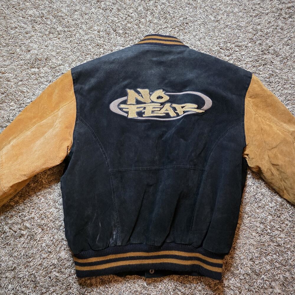 No Fear Leather Varsity Bomber Jacket Tan Brown Logo Back Medium Embroidered